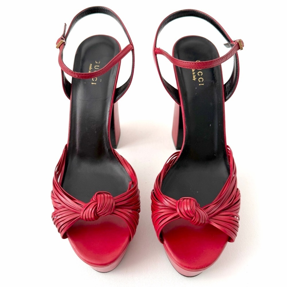 GUCCI | Red Leather Allie Knot Platform High Heels Sandals 39.5 - Picture 4 of 16